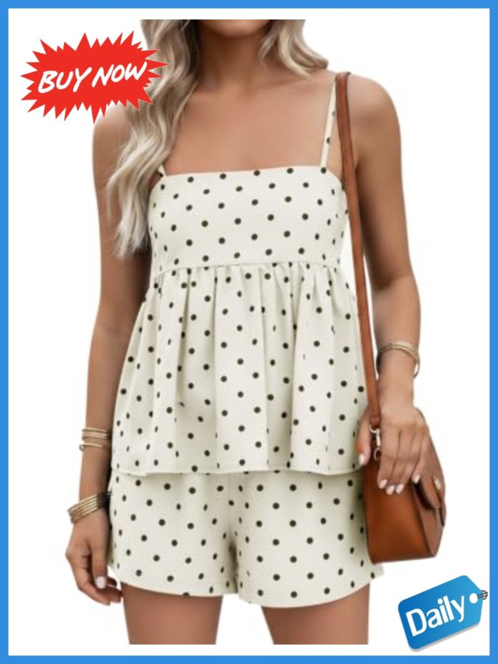 Viscose Blend Polka Dot Square Neck Adjustable Strap 2 Piece Short Set High